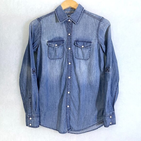 Arizona Jeans Women's Denim Shirt Pearl Snap Front Long Sleeves Western size XS - Picture 1 of 7
